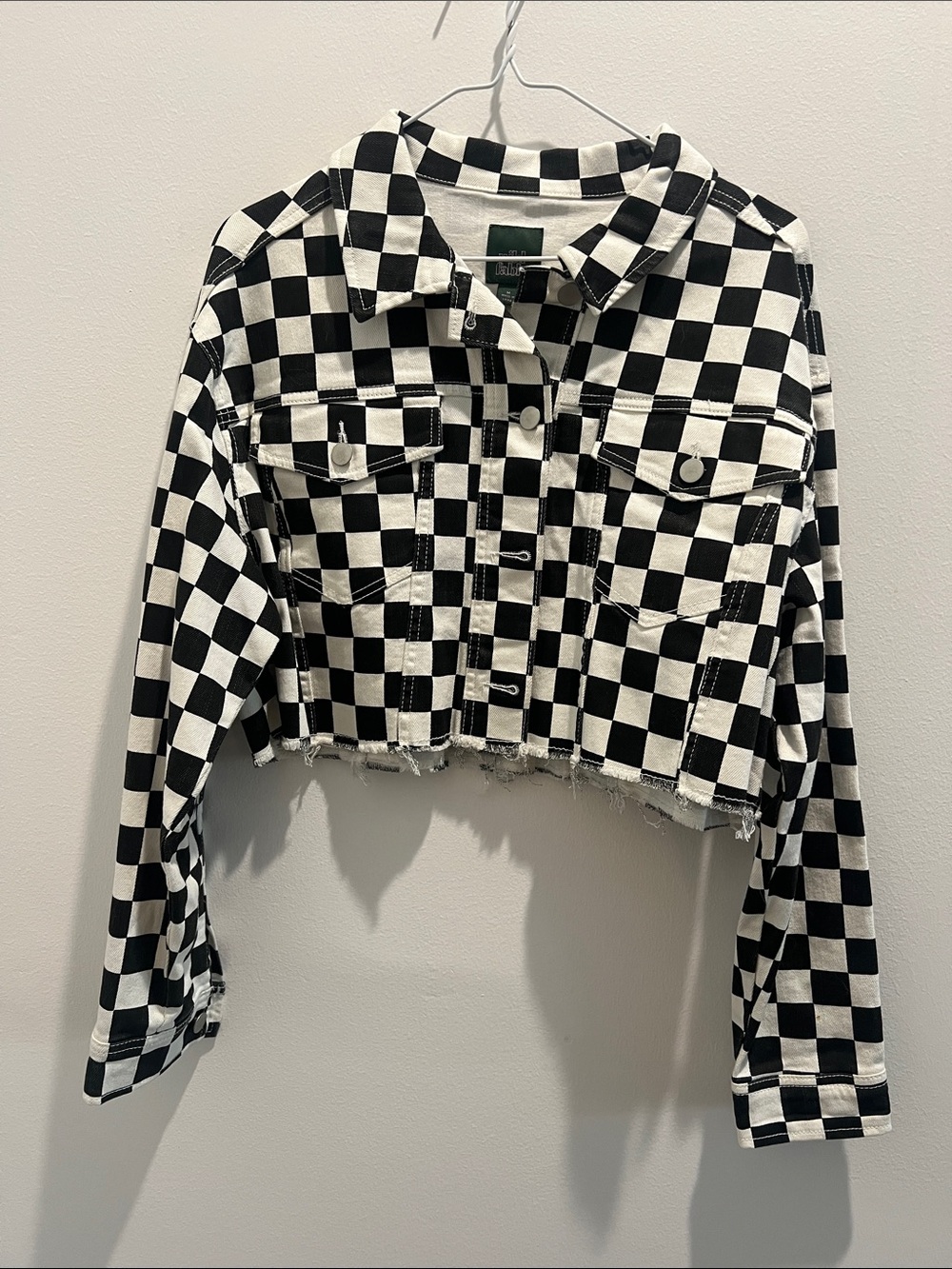 Black & White Checkered Cropped Denim Jacket